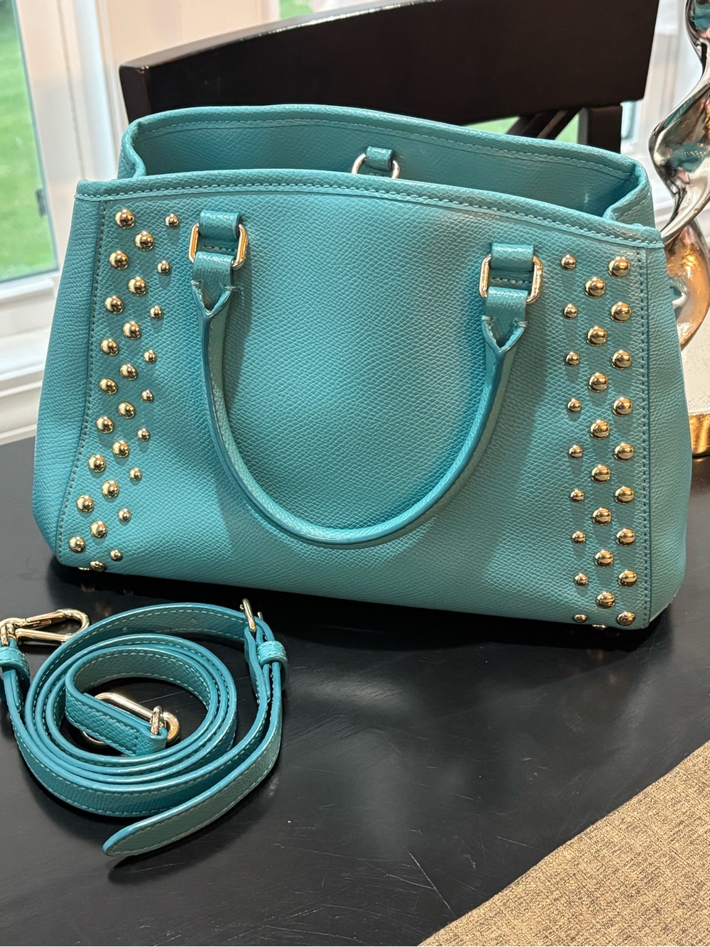 Coach Margot Studded Carryall Crossbody Aqua Blue Pebbled Leather Silver Rivets - Picture 4 of 16